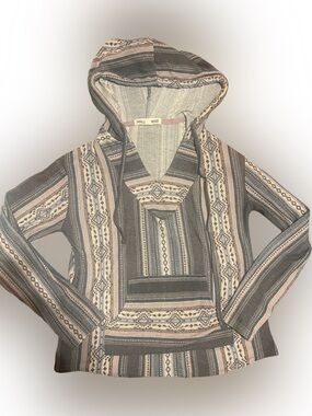 Vntg Wallflower Tribal Striped Hooded Lightweight sweater in Gray Blue and Pink